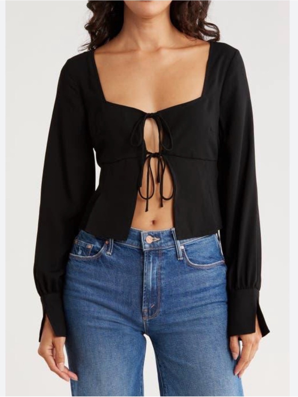Leith Black Long Sleeve Tie-Front Crop Top